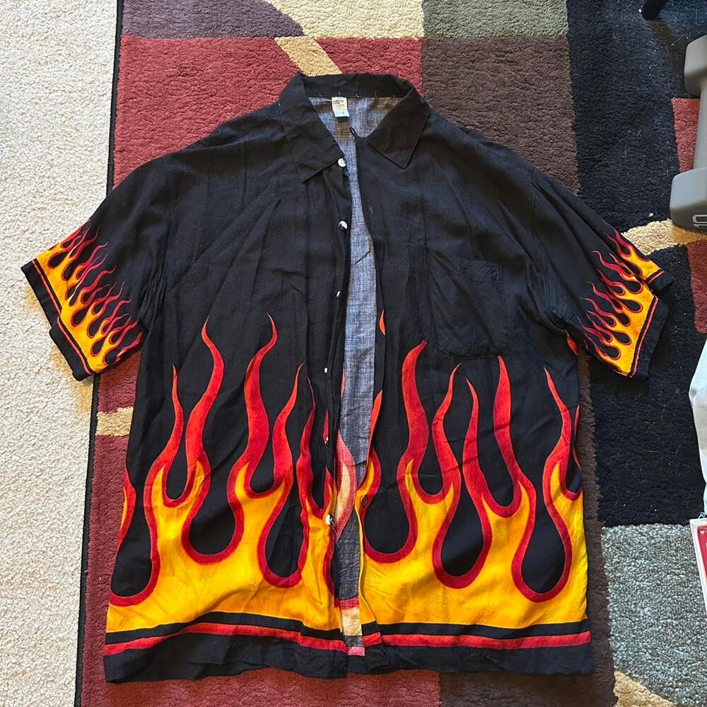 vintage retro black and red flame button-up shirt